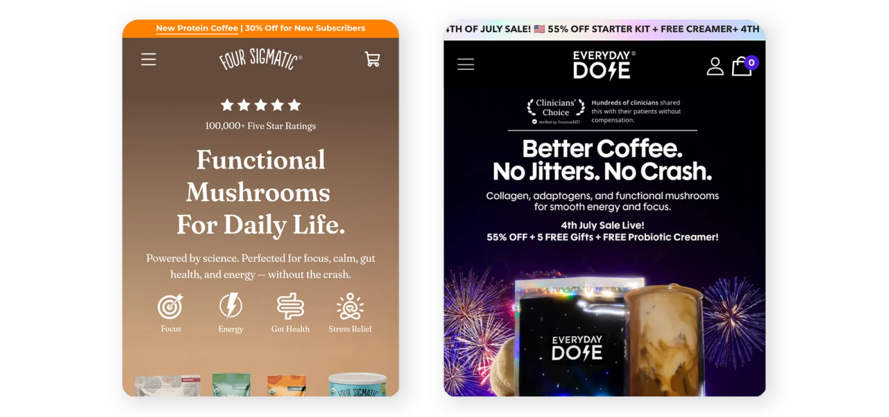 Two DTC product-page mockups shown side by side — an Alma di Alba fragrance functional-mushroom layout on the left and an Everyday Dose coffee product hero on the right — illustrating two conversion-focused CPG website approaches