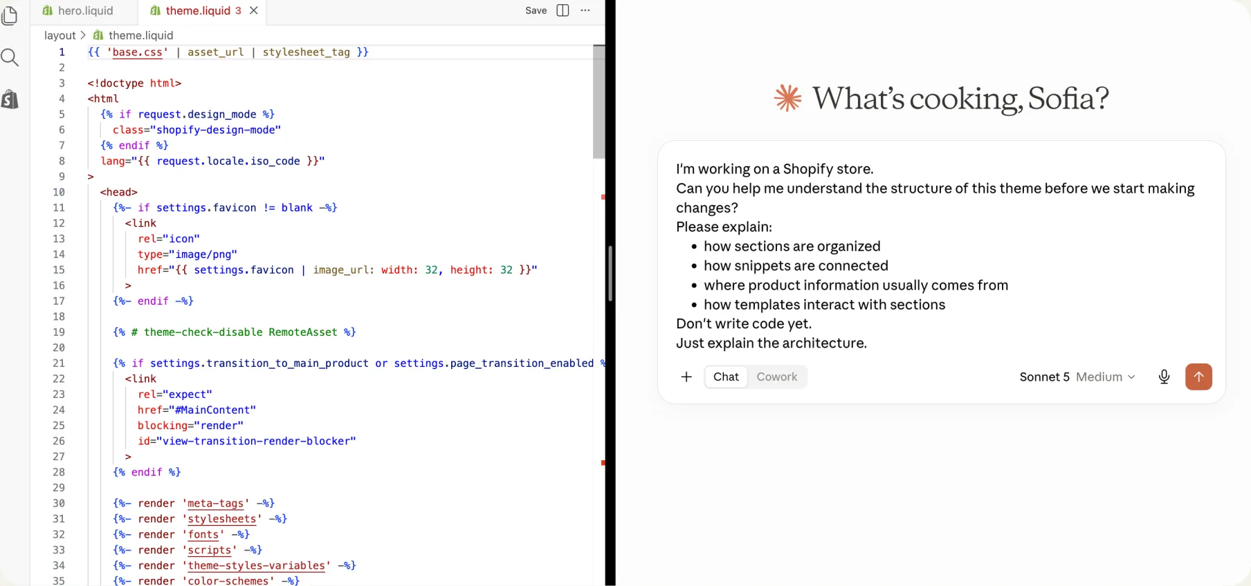 A code editor open on an unfamiliar Shopify theme, with an AI assistant pointing to where to focus first