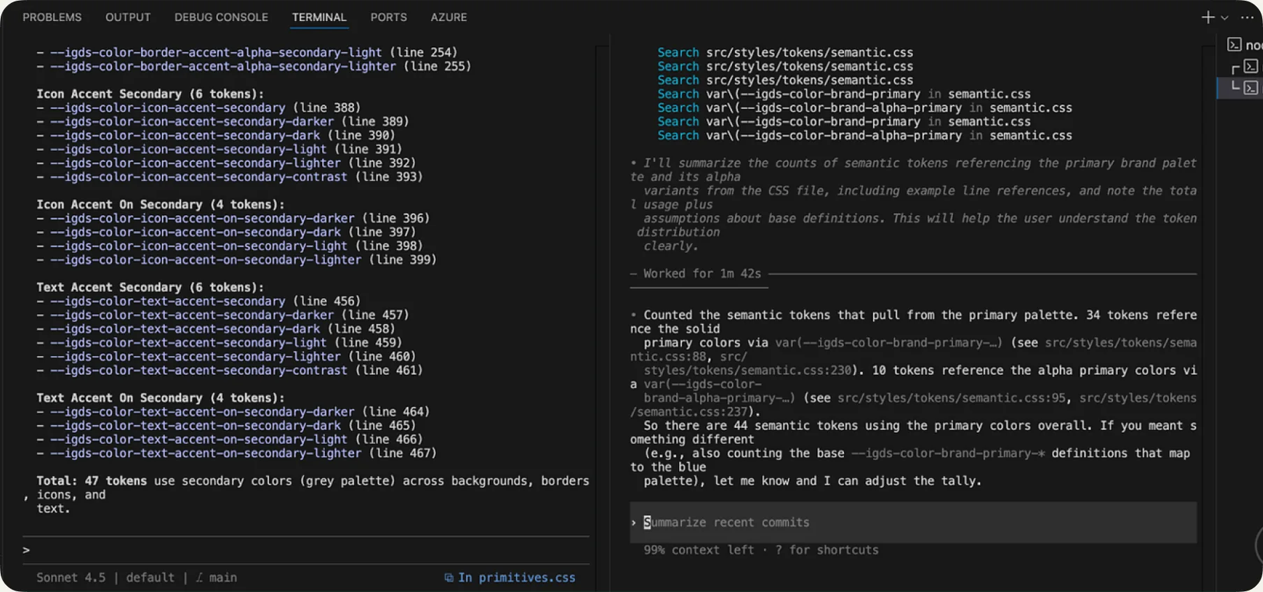 Claude Code running inside a Shopify theme repository, working with the project rather than treating each request as a separate conversation