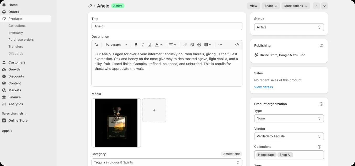 An existing Shopify store's admin structure: products, variants, apps and metafields built up over time
