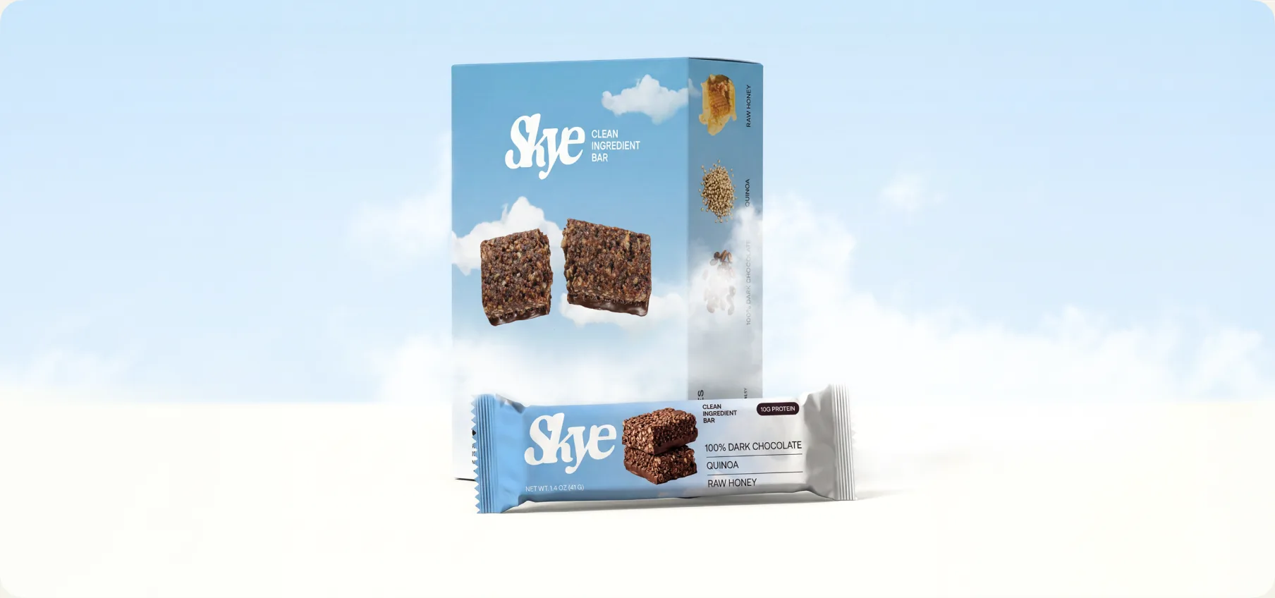 Skye chocolate protein bars in packaging, styled on a soft cloud-blue backdrop