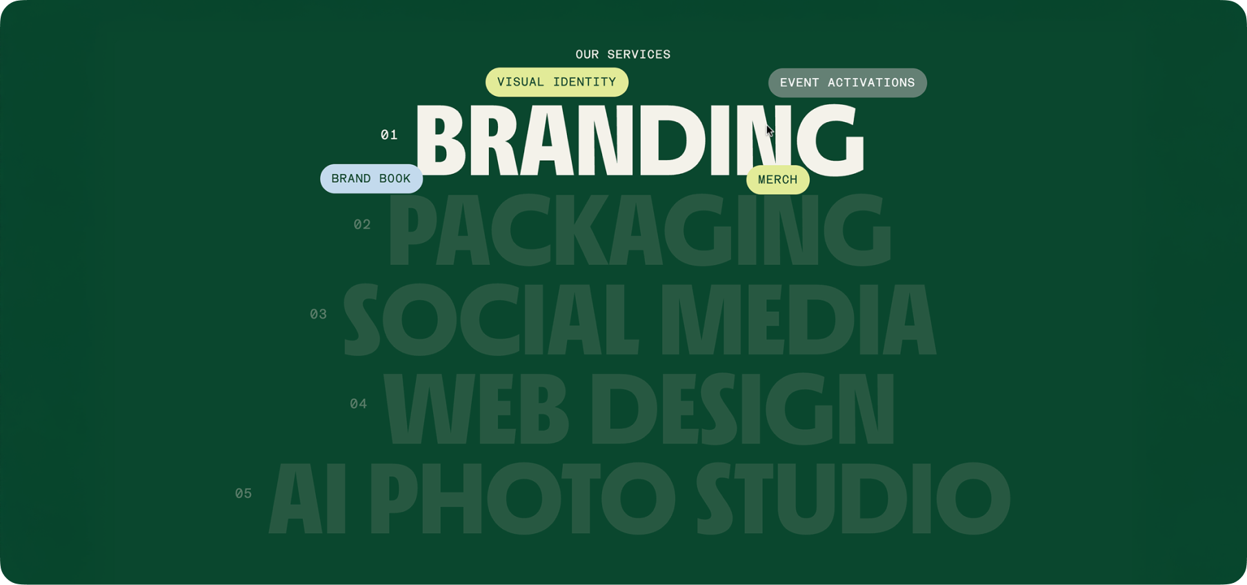 CreativeWise services set in bold type on a deep green field — Branding, Packaging, Social Media, Web Design, and AI Photo Studio