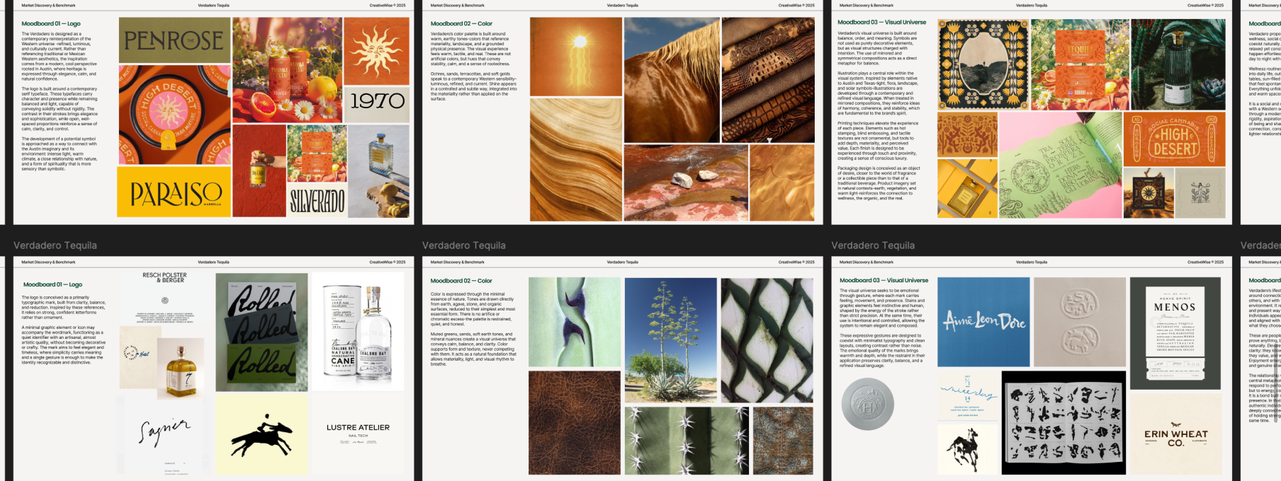 Mood board slides from the Verdadero Tequila brand exploration — separate boards for logo, color, and visual universe