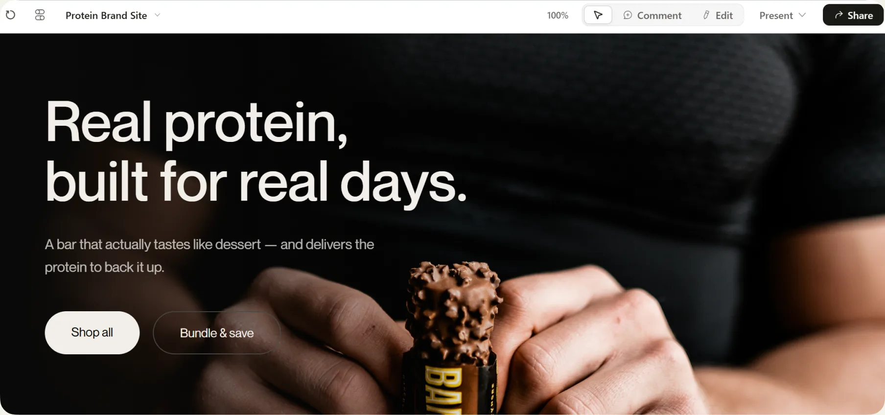 Second Claude Design output: a fictional snack-brand homepage, aesthetically clean but strategically empty