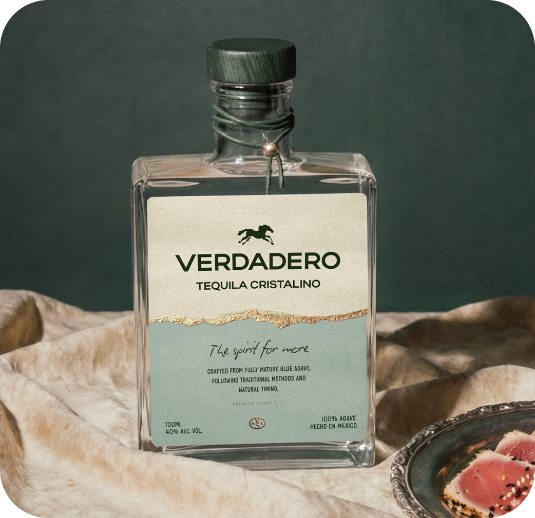 Verdadero Tequila Cristalino bottle on a dark green surface — AI Photo Studio campaign image by CreativeWise