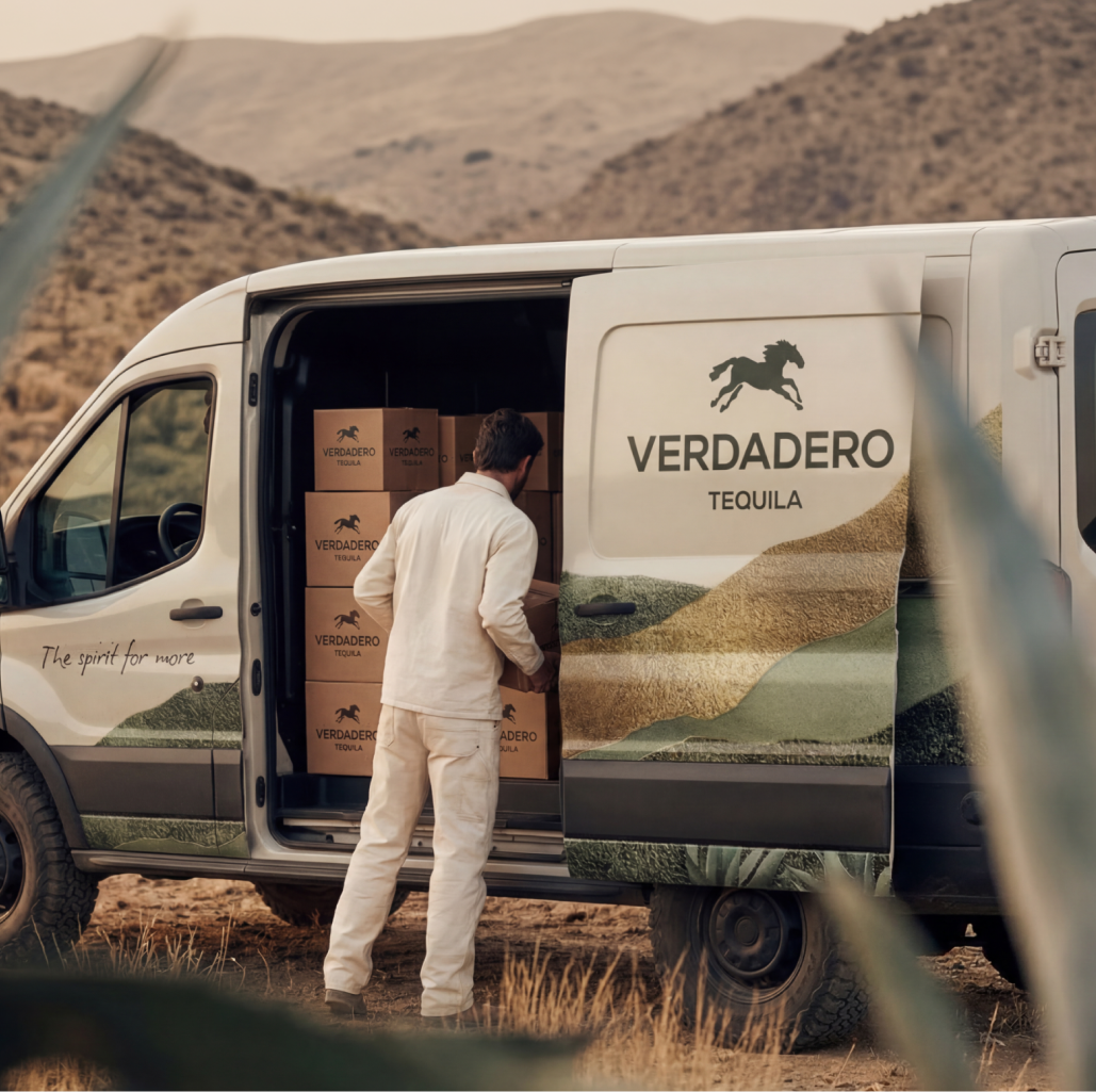 Verdadero Tequila branded delivery van being loaded with cases in the desert — AI Photo Studio campaign image by CreativeWise