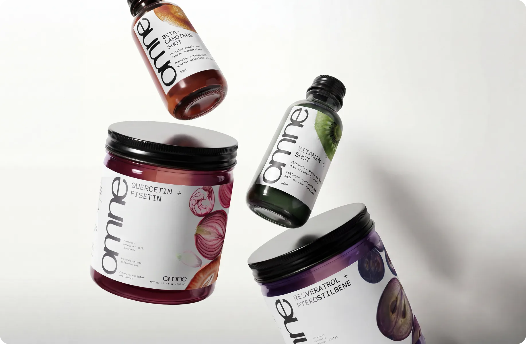 Omne skincare and supplement products in flight
