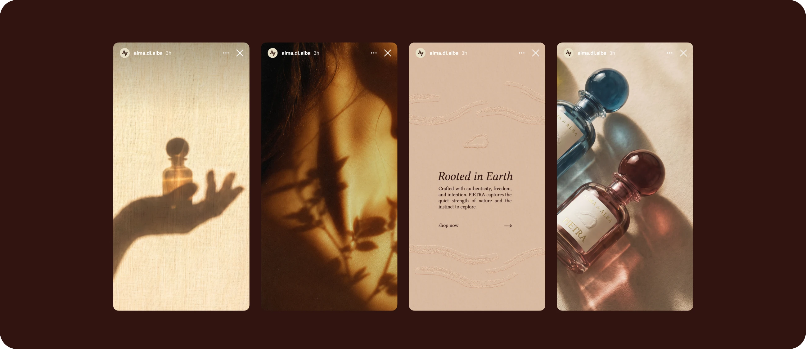 Alma di Alba — Instagram Stories campaign screens including 'Rooted in Earth', product moments, and shadow-in-hand editorial