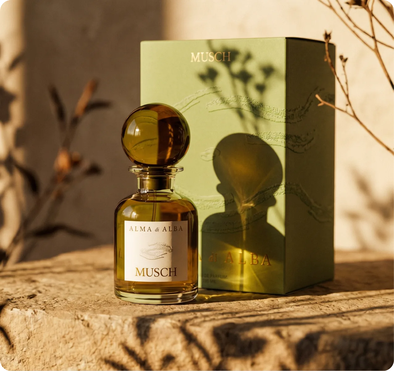 Alma di Alba — Musch bottle and its green embossed box in dappled outdoor light against a warm wall