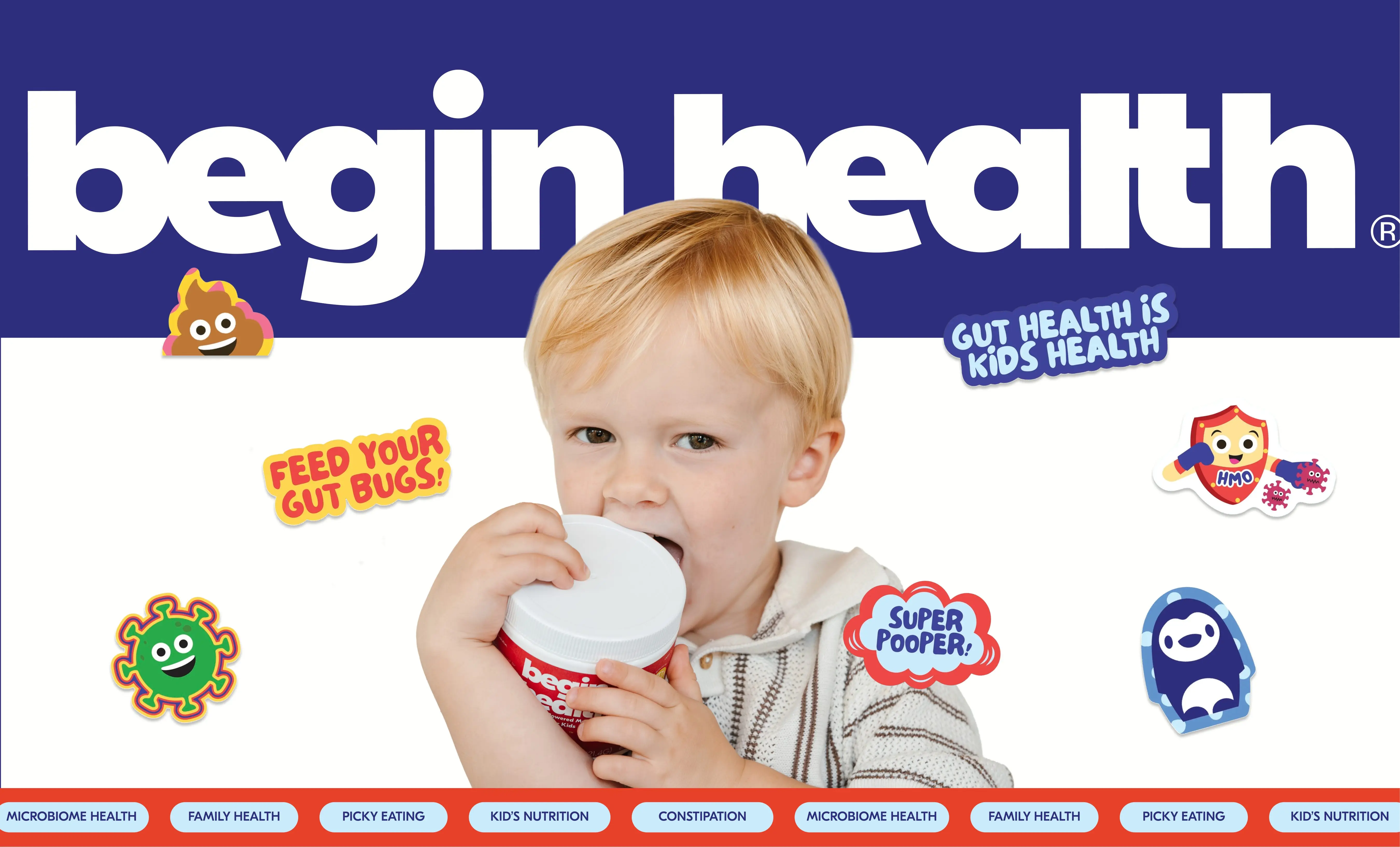 Begin Health — kid's health begins here brand expression with playful illustration on pink