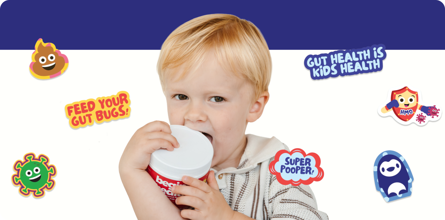 Begin Health — kids wellness brand hero featuring a child holding the product and the bright, friendly visual identity