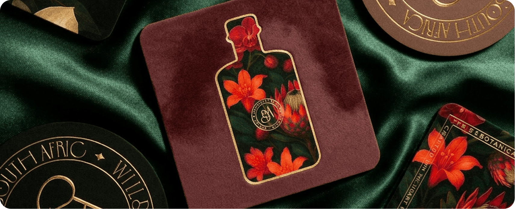 The Botanical Alchemist — coaster and web-touchpoint suite extending the brand identity into hospitality contexts