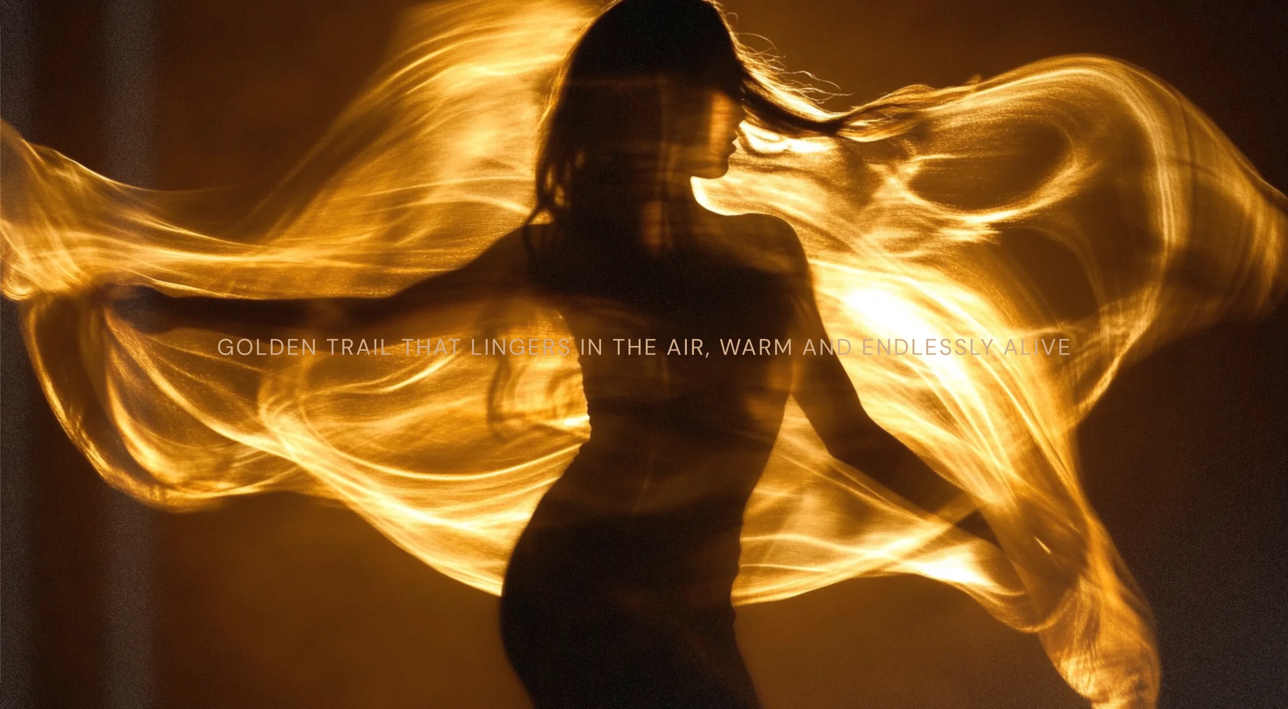Celion — a silhouette wrapped in flowing golden light, captioned 'Golden trail that lingers in the air, warm and endlessly alive'