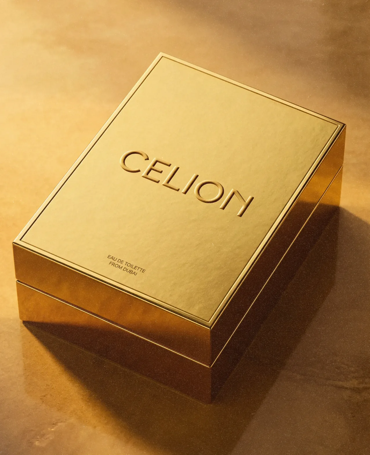 Celion — the gold Celion presentation box in raking light