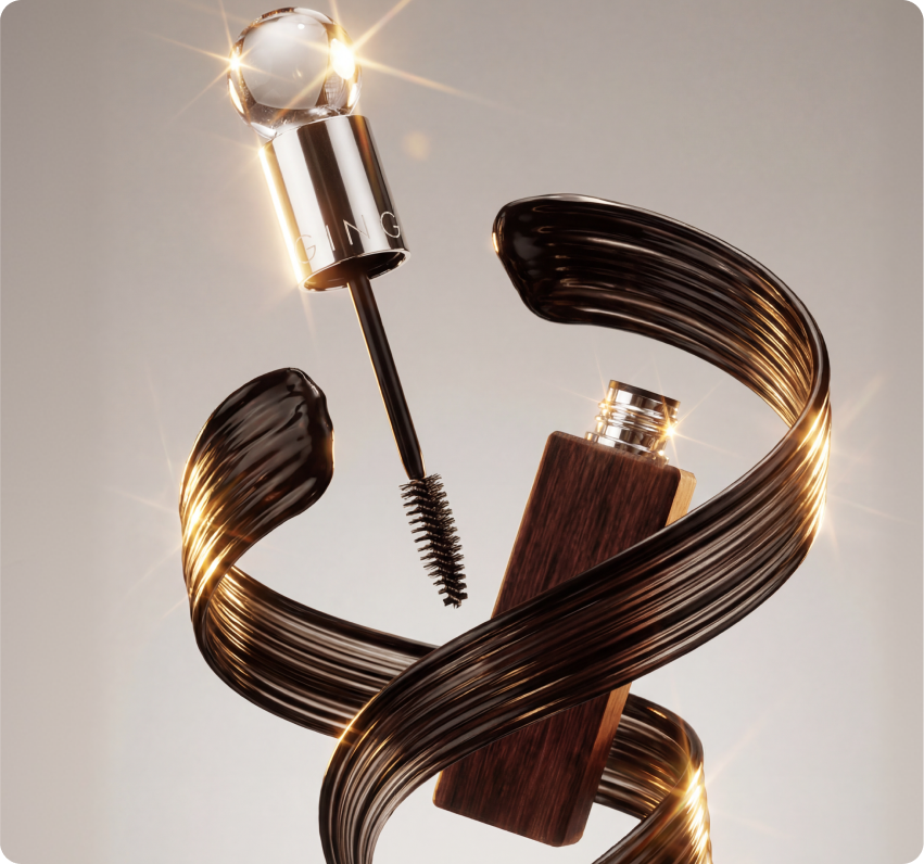Ginga — a chrome and wood-veneer mascara wand wrapped in a swirling ribbon of black mascara, lit with golden sparkle on a dark backdrop