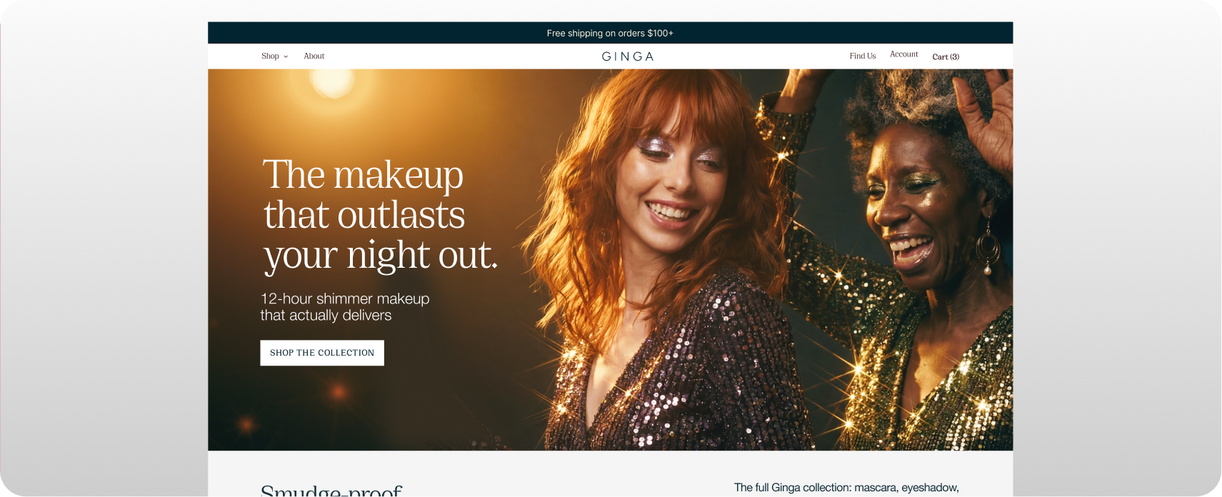 Ginga — desktop website homepage mockup headlined 'The makeup that outlasts your night out,' featuring glittering disco-glamour models and a Shop the Collection call to action