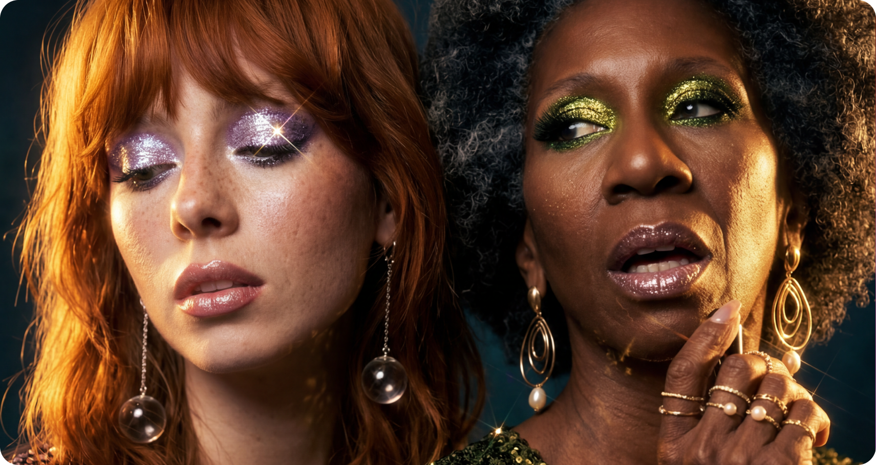 Ginga — dual-model beauty portrait pairing lavender and gold-green glitter eye looks with statement gold jewelry on a moody dark backdrop