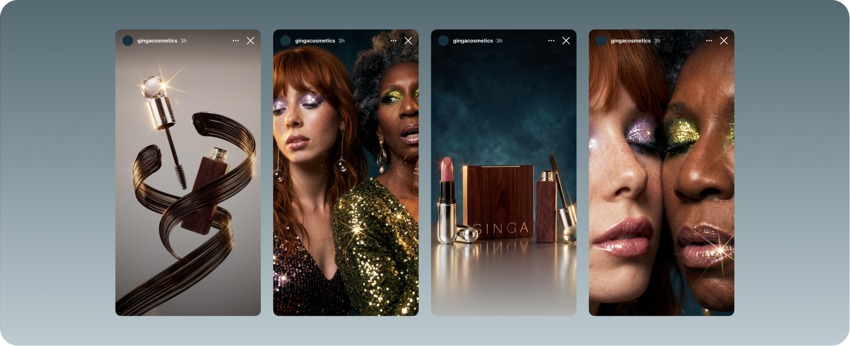Ginga — four-up Instagram Stories mockup for @gingacosmetics featuring a mascara swirl, sequin-clad models, product still life, and glitter-eye close-ups