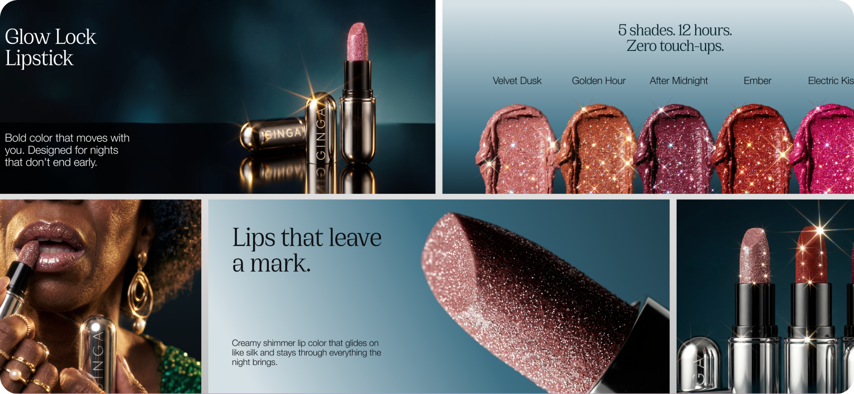 Ginga — Glow Lock Lipstick feature panel showing the five-shade lineup, '12 hours, zero touch-ups' messaging, and 'Lips that leave a mark' campaign imagery