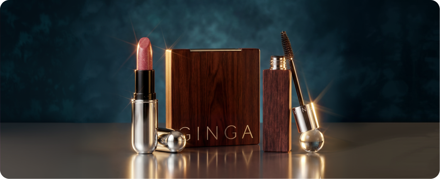 Ginga — the full beauty lineup of chrome and wood-veneer lipstick, compact, and mascara arranged on a deep-teal nightlife backdrop with the embossed GINGA wordmark