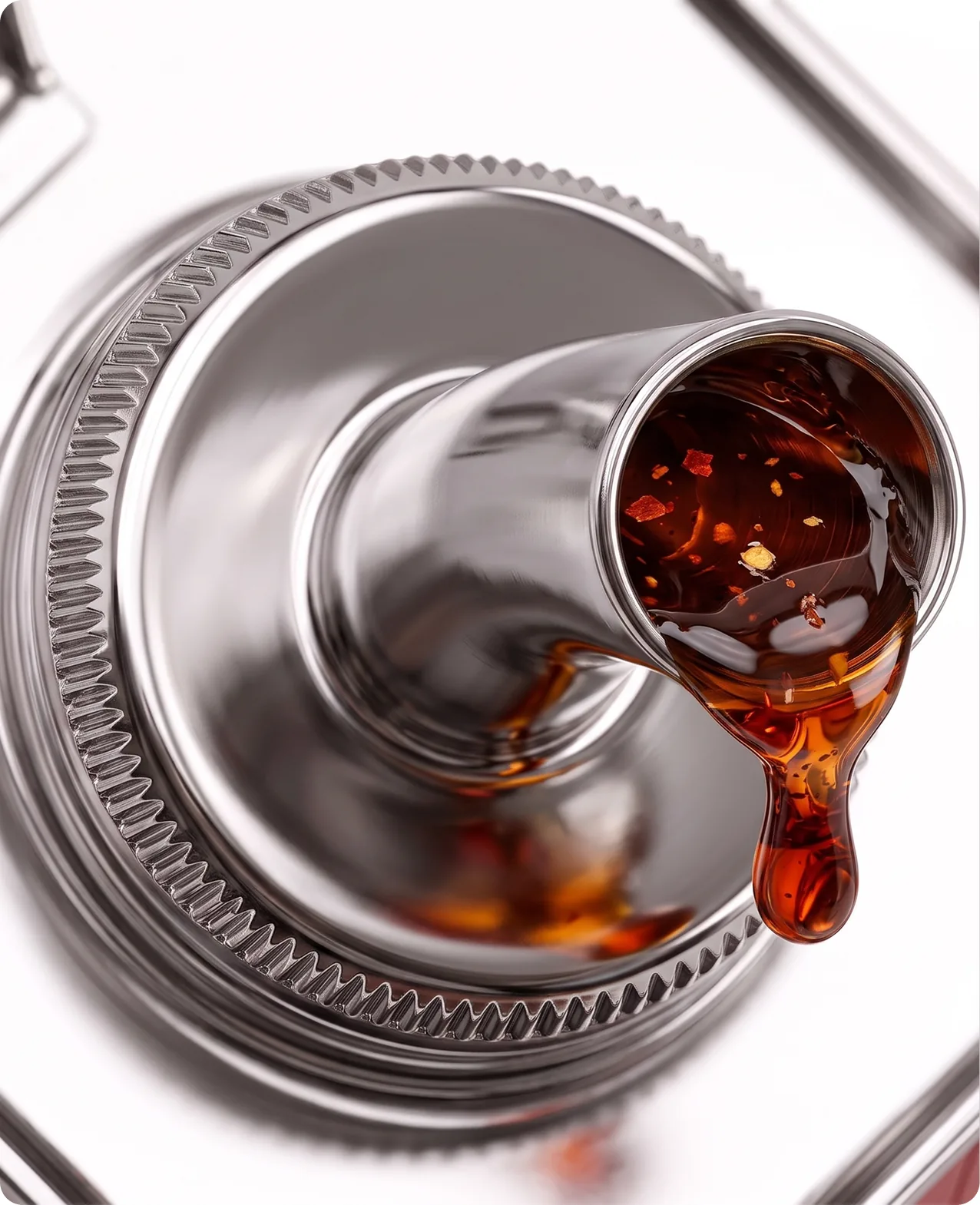 Heatwork: a macro of the tin's open spout and ridged steel lid with chilli-flecked honey running out of it