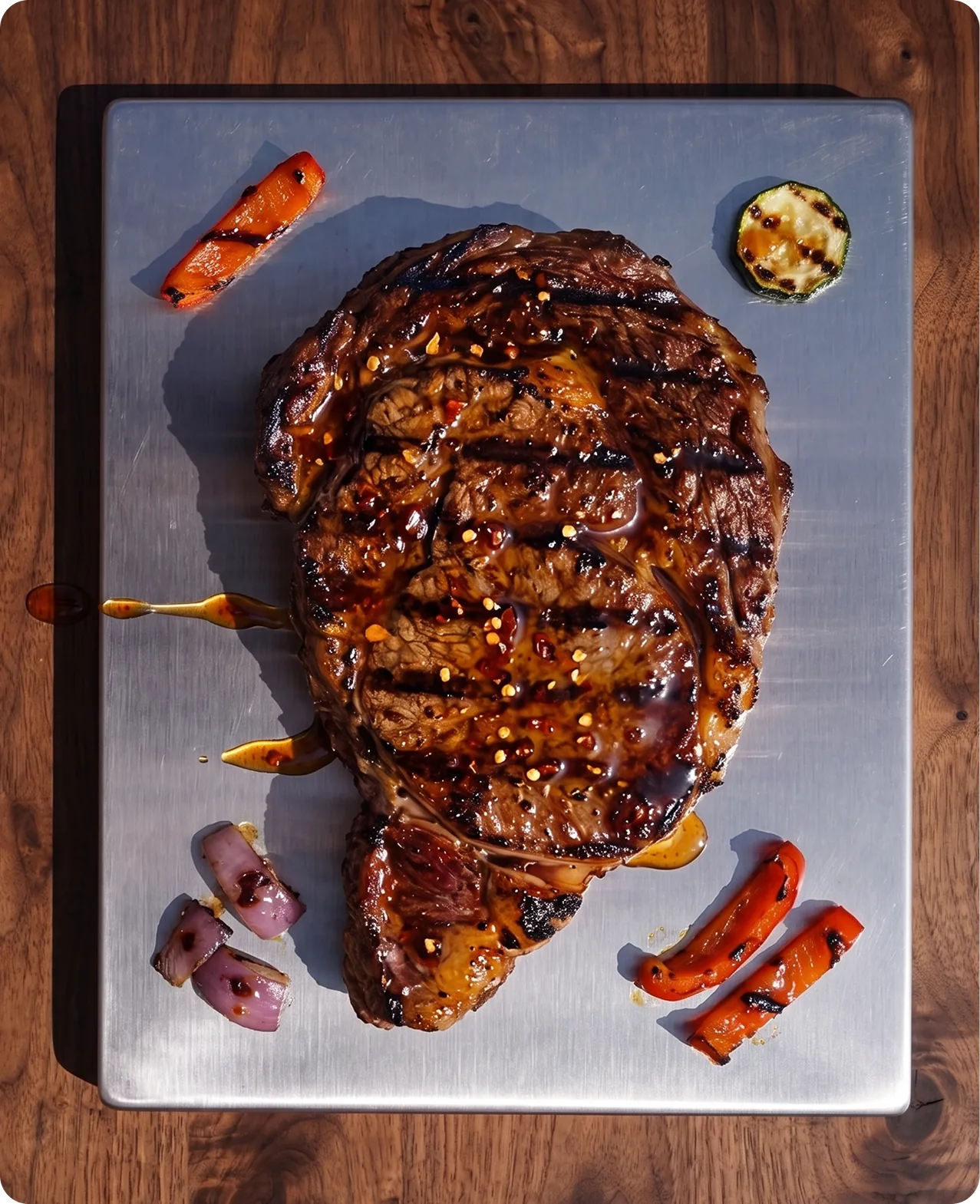 Heatwork: an overhead shot of a thick grilled ribeye, glazed and marked by the grate, resting on a steel tray on a wooden table with charred carrot batons and a halved shallot
