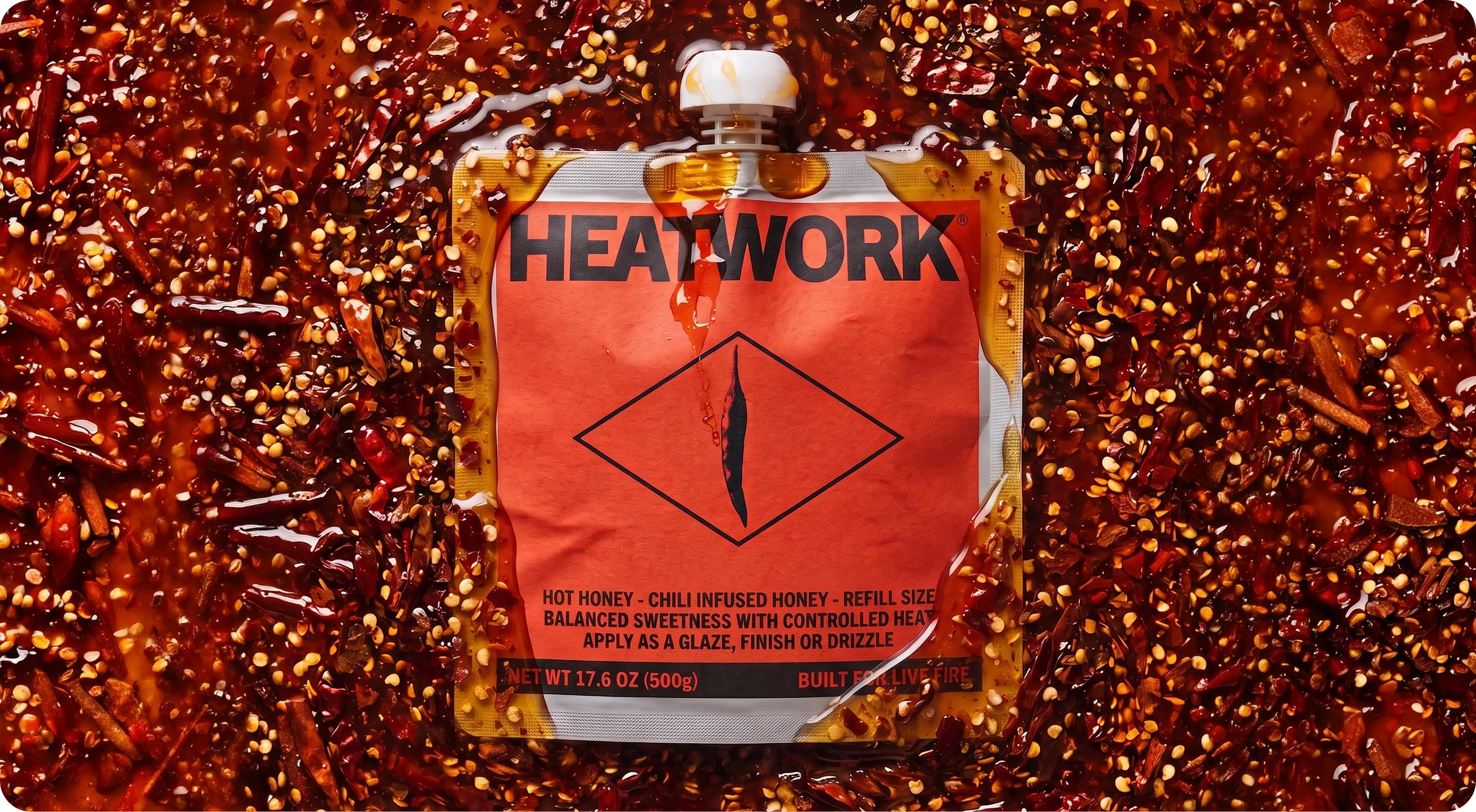 Heatwork: the refill pouch lying face up in a bed of chilli honey, flakes and seeds suspended all around it, the HEATWORK wordmark and the diamond mark reading clearly through the glaze