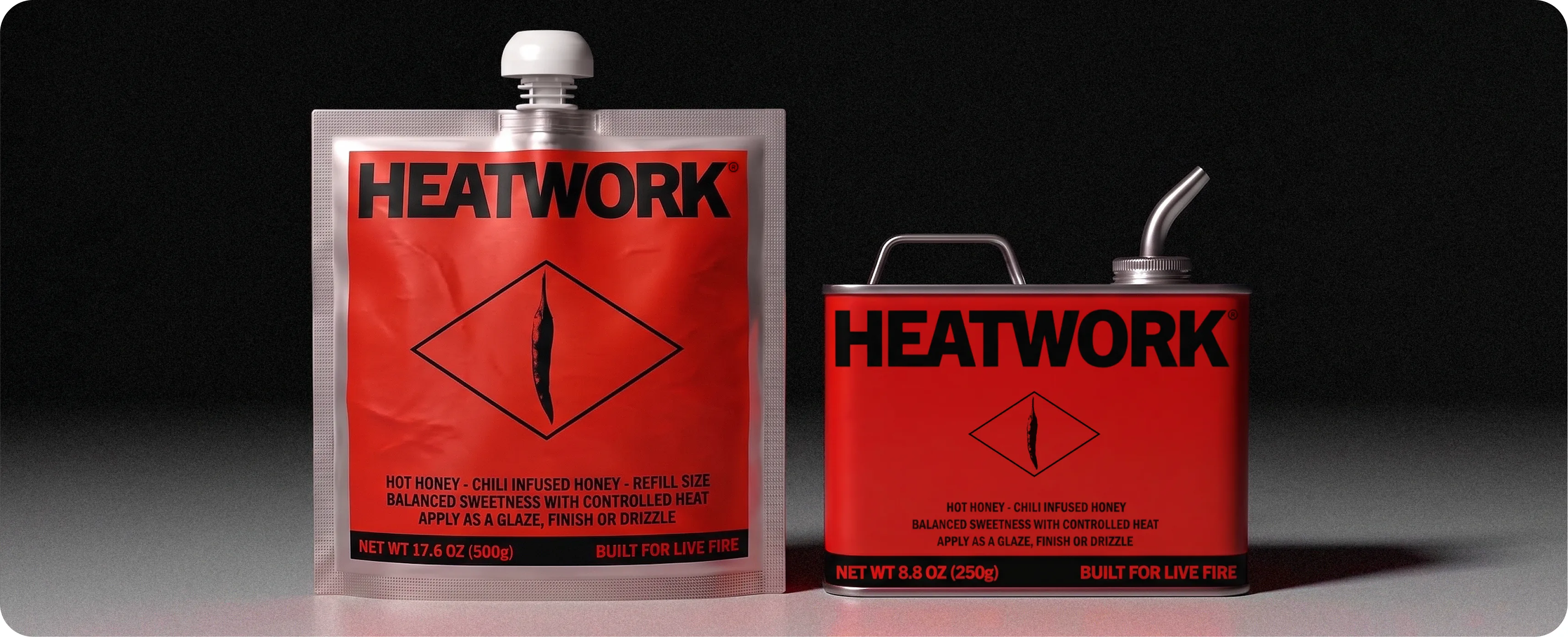 Heatwork: the red refill pouch and the red metal tin with its angled pour spout standing side by side on a near-black surface, both carrying the HEATWORK wordmark and the chilli-in-a-diamond mark