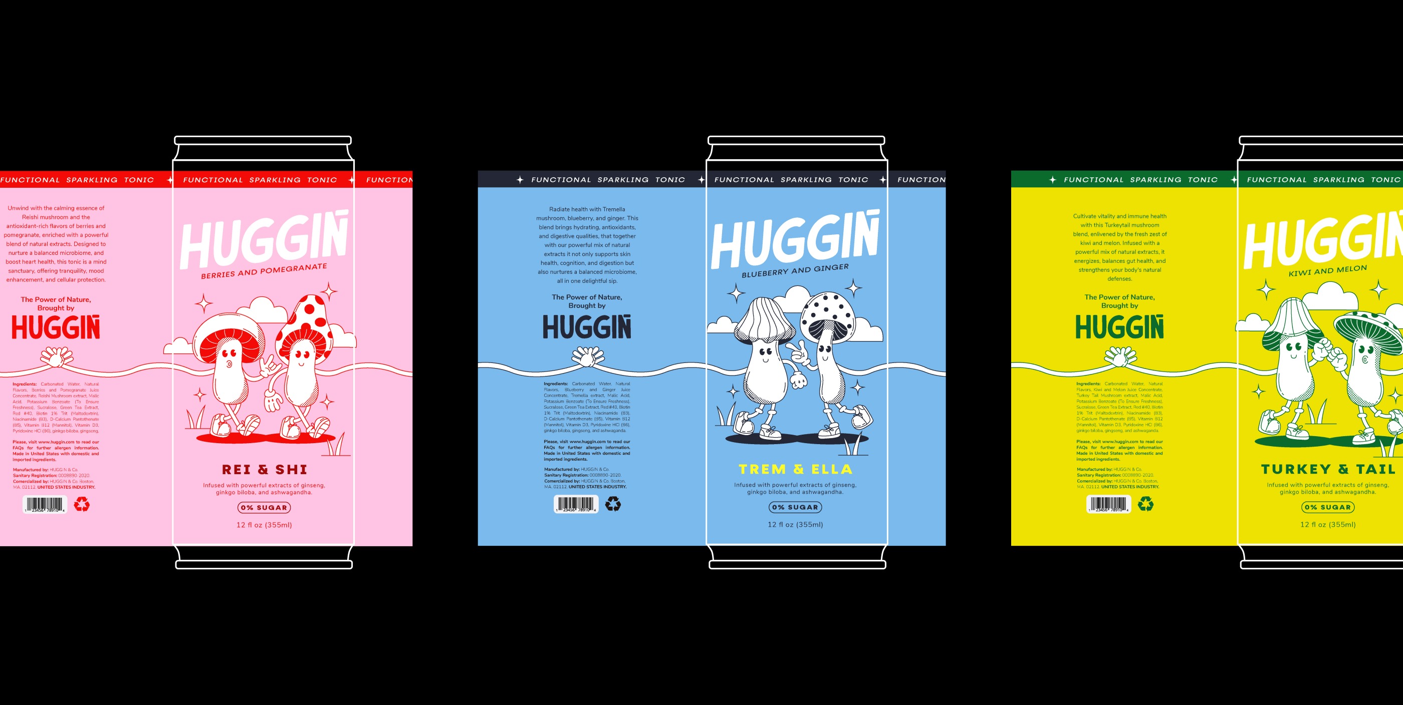 Huggin — three unfolded can-label artworks (Rei & Shi, Trem & Ella, Turkey & Tail) laid out on a solid black background with vertical breathing room — packaging system per Figma 8094:7464