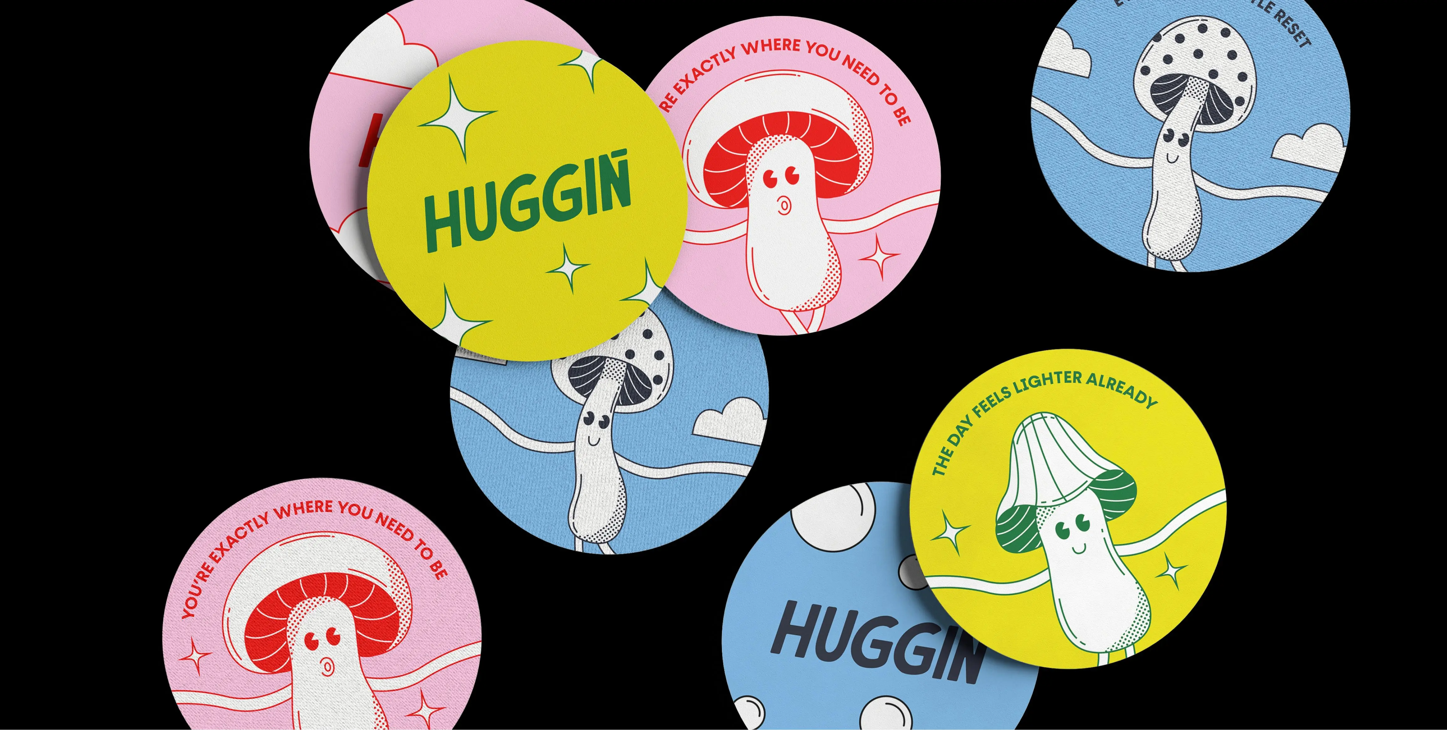 Huggin — branded T-shirts and merchandise extending the visual identity