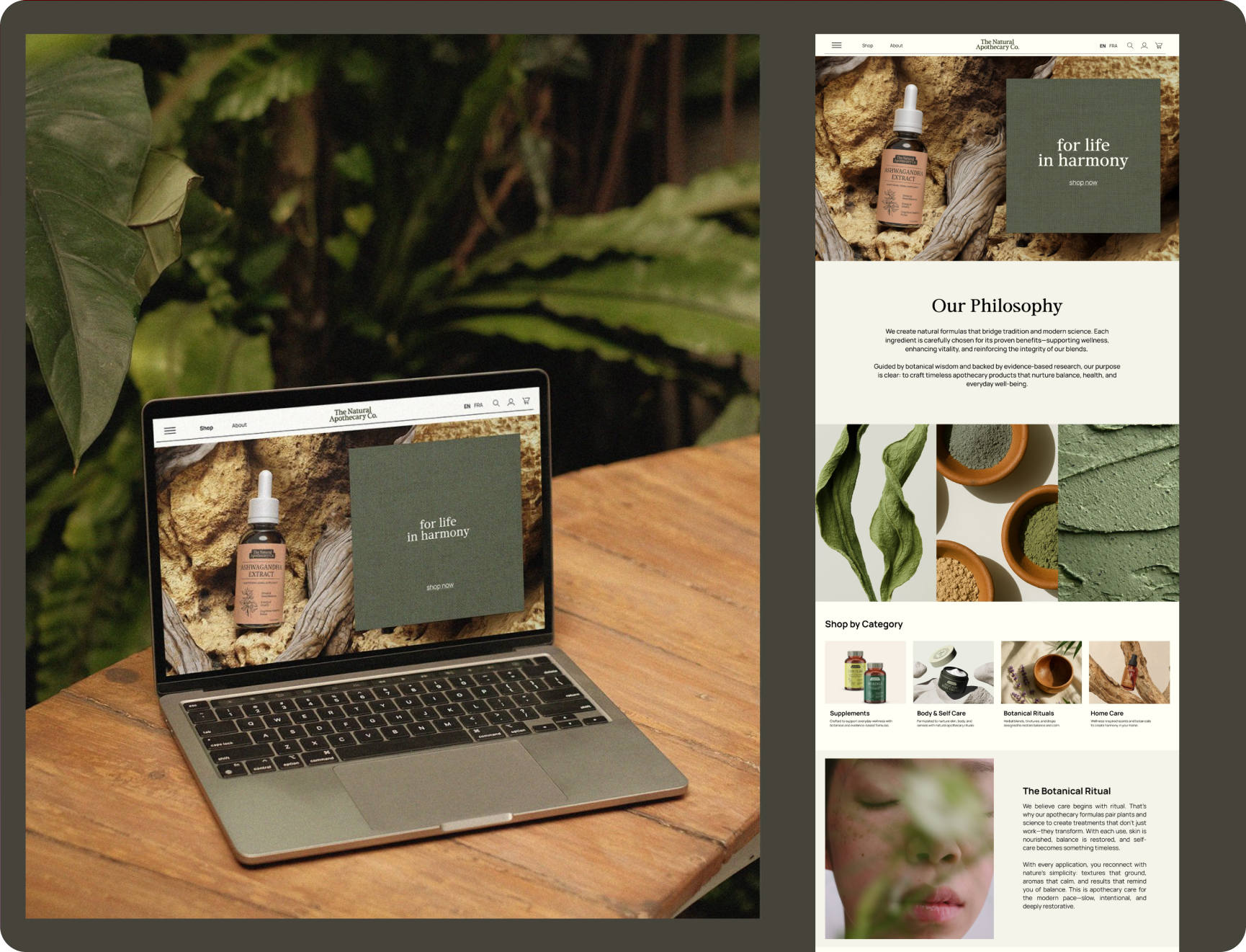 The Natural Apothecary — laptop on a wood table showing the brand's site (Eat Life In Harmony) paired with a tall mobile mockup of the Our Philosophy page and product browse
