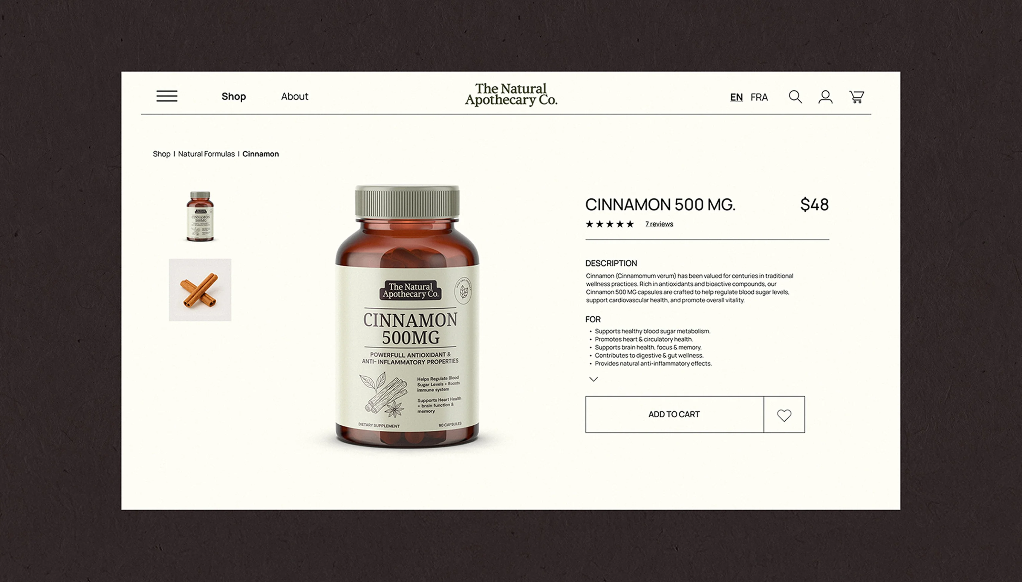 The Natural Apothecary — laptop on a wood table showing the brand's site (Eat Life In Harmony) paired with a tall mobile mockup of the Our Philosophy page and product browse