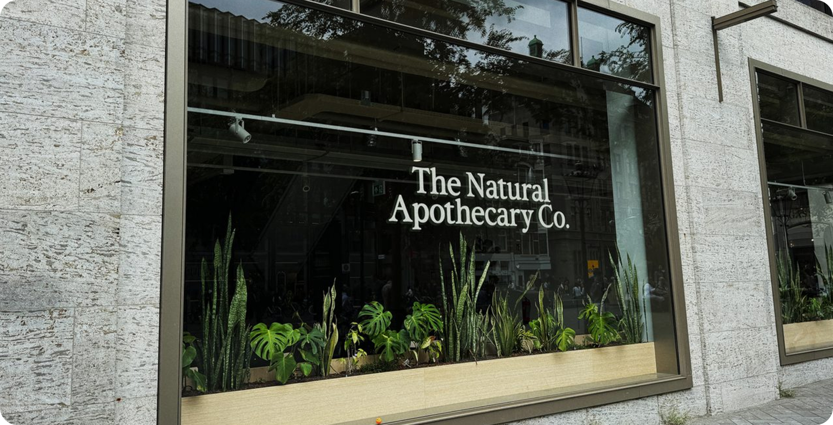 The Natural Apothecary — final brand world composition: signage, product, and herbal botanicals