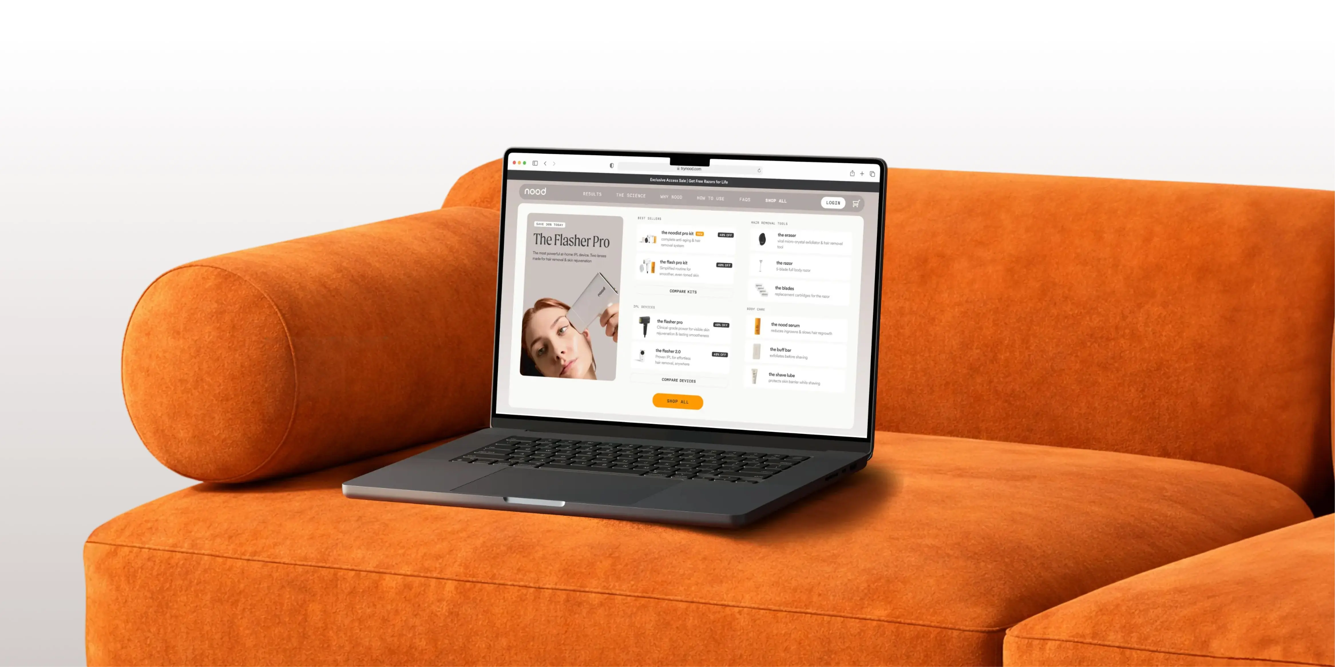 Nood — full-bleed brand world layout combining product, lifestyle, and digital touchpoints