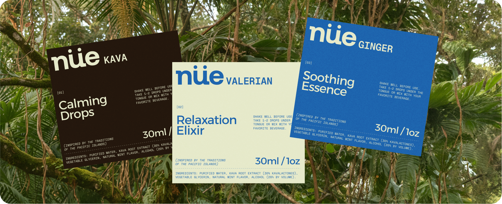 NÜE — premium supplement bottle with botanical accents on minimalist set