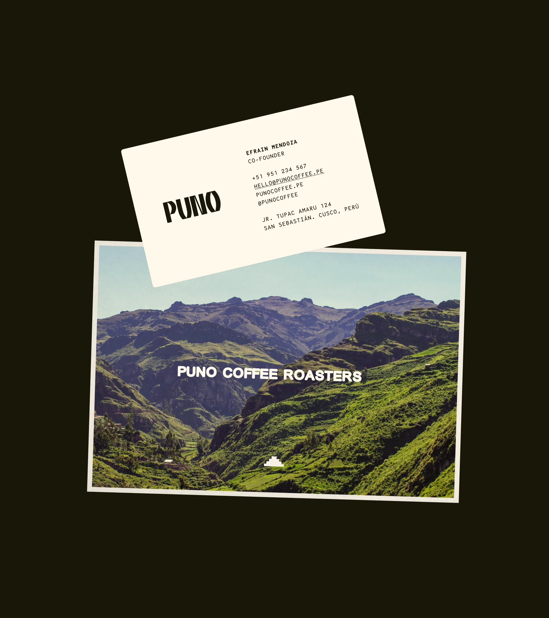 Puno — a cream business card for co-founder Efraín Mendoza (contact details and the Jr. Túpac Amaru address in San Sebastián, Cusco, Perú) laid over a Polaroid-style photograph of the green Peruvian mountain valley where the coffee is grown, both set on a dark olive backdrop with 'PUNO COFFEE ROASTERS' burned into the photo