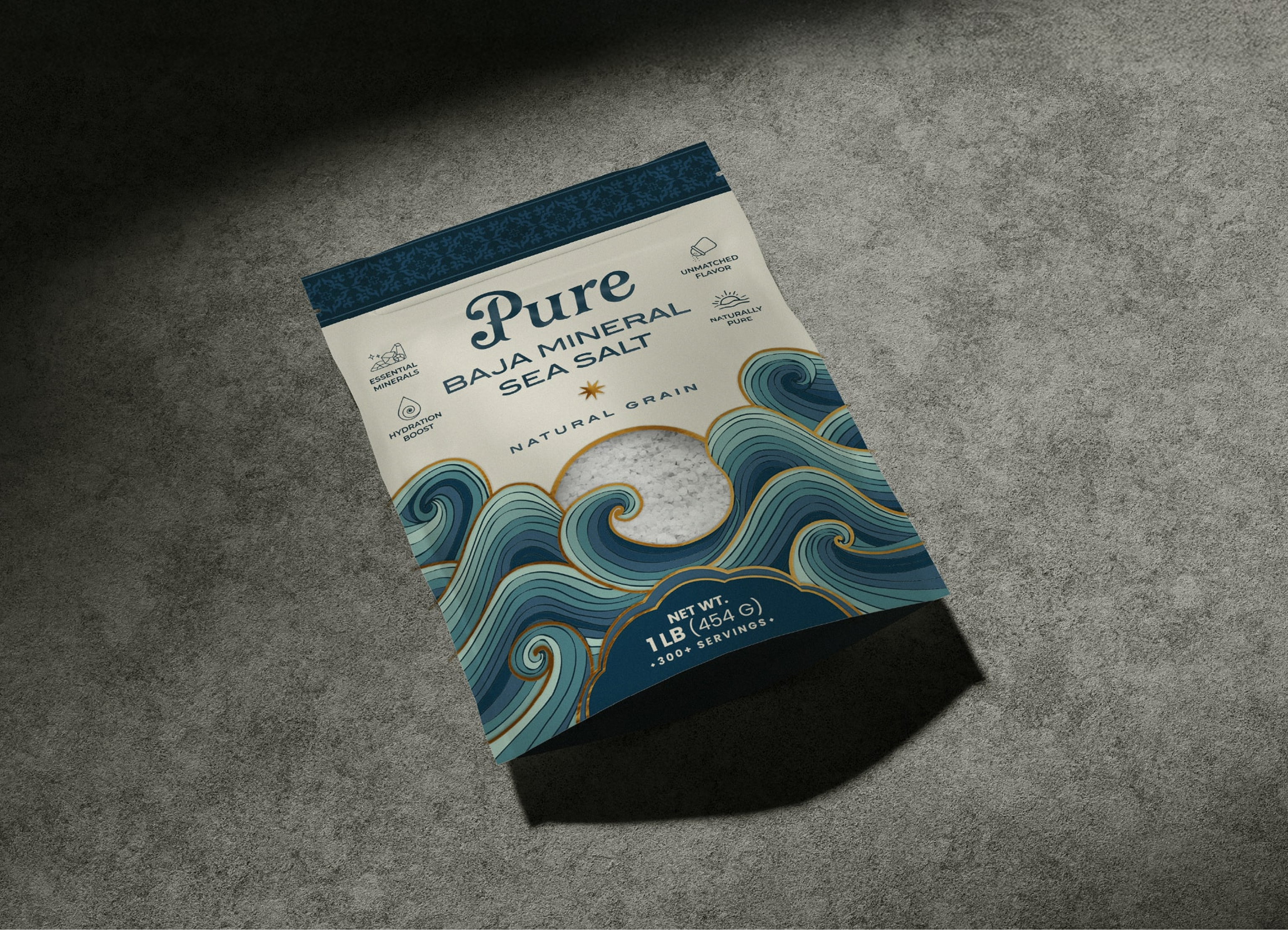Pure — editorial product still life with sea salt and natural styling