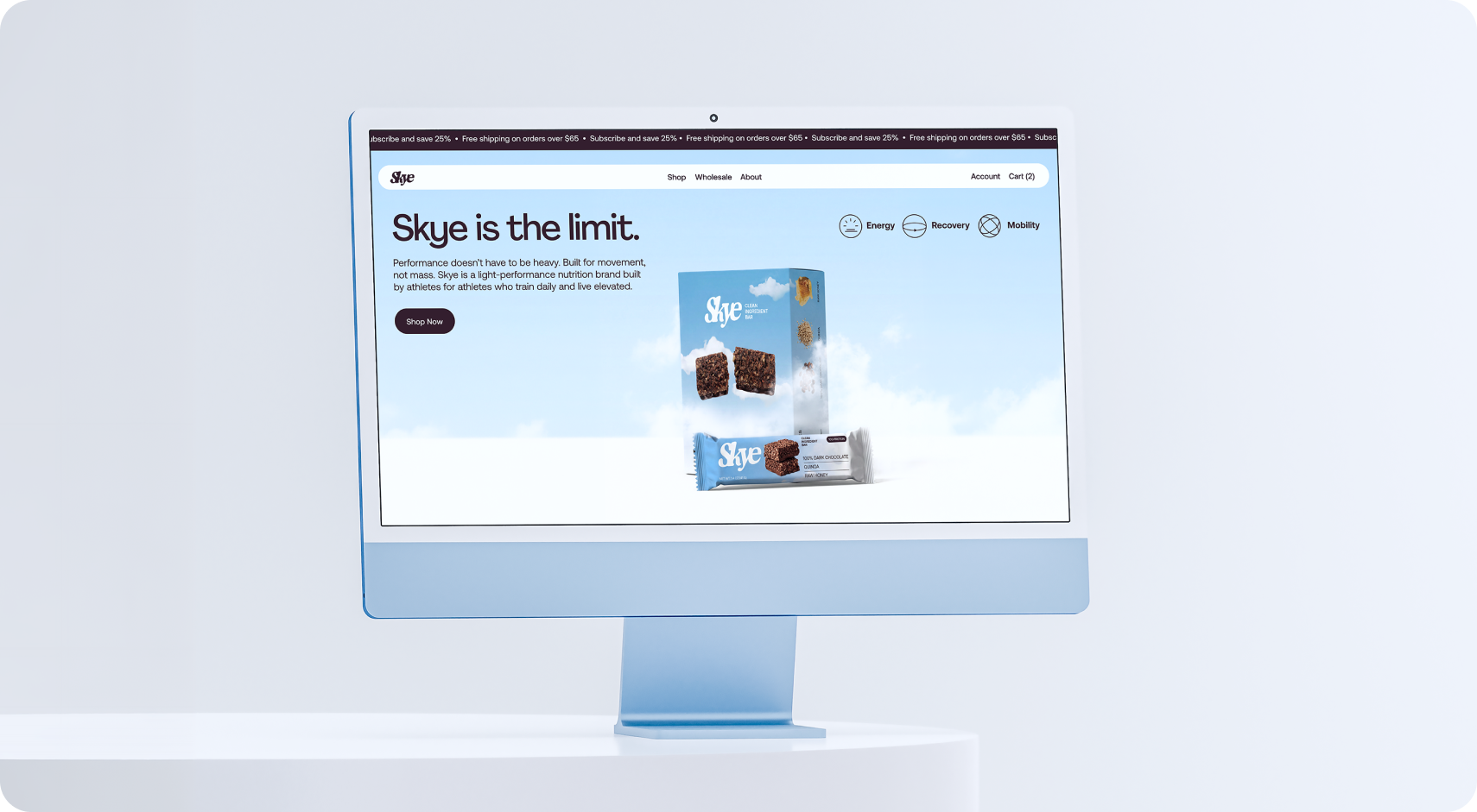 Skye — desktop website mockup headlined 'Skye is the limit,' pairing product imagery with the brand's cloud-filled sky backdrop