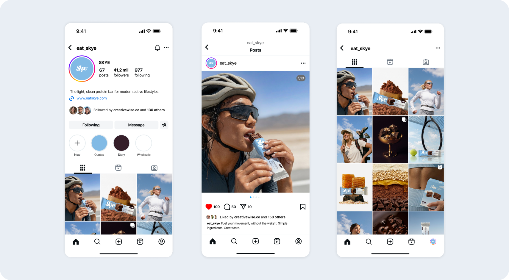 Skye — three-phone mockup of the @eat_skye Instagram profile and feed featuring active-lifestyle posts