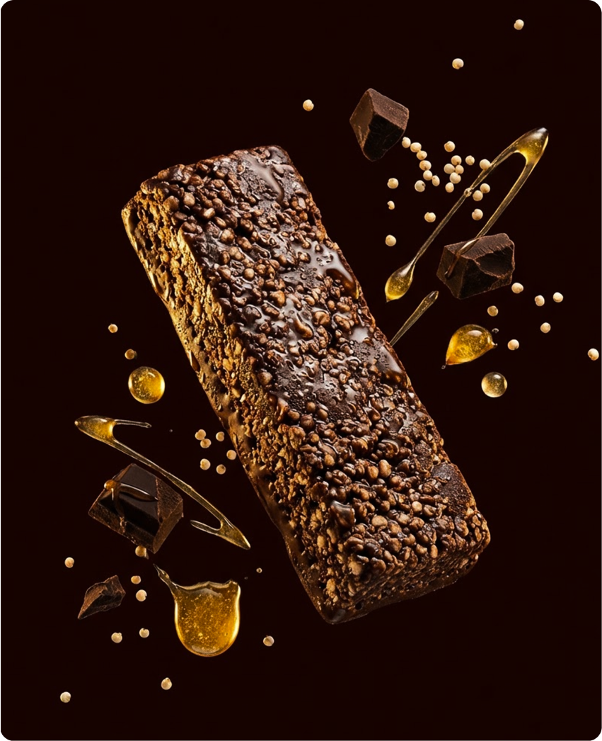 Skye — a hero-lit protein bar floating among dark chocolate chunks, puffed quinoa, and droplets of raw honey on a dark backdrop