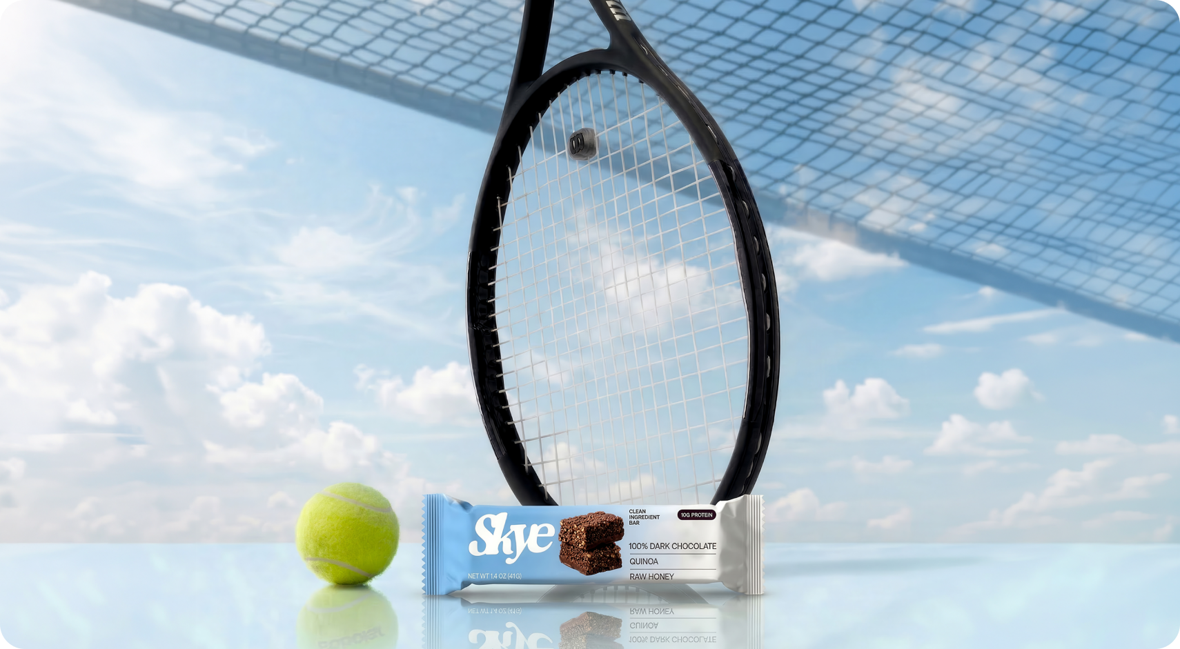 Skye — a tennis racket and ball on a sunlit court beside a Skye protein bar, set against a blue-sky backdrop