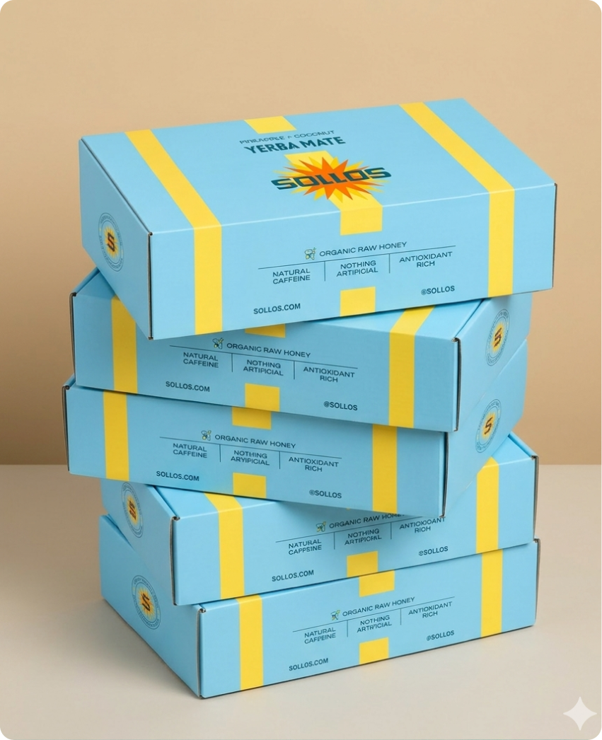 Sollos — a stack of sky-blue Sollos gift boxes tied with golden-yellow ribbon