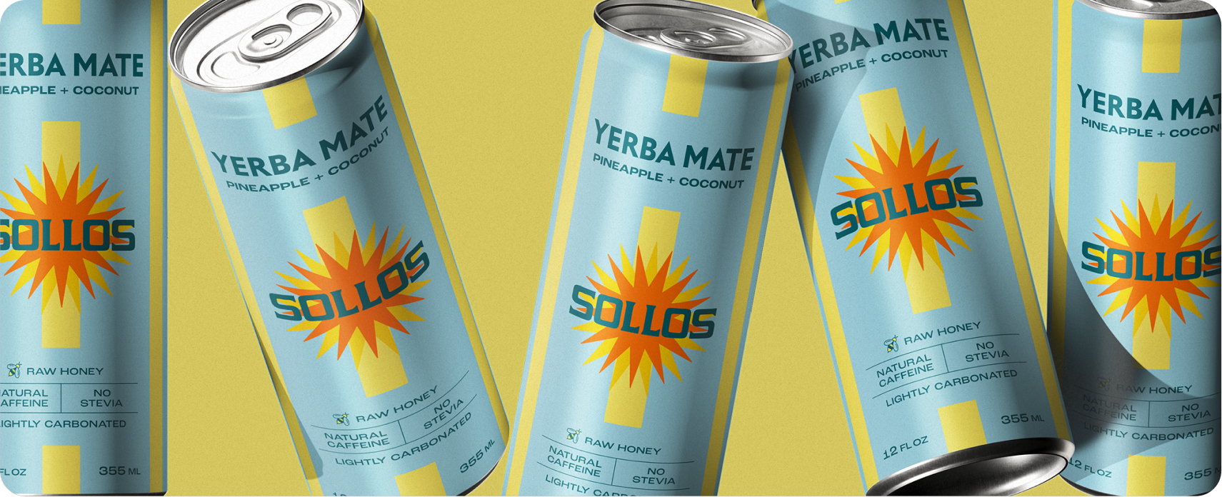 Sollos — a lineup of Sollos yerba mate cans in the Pineapple + Coconut flavor with the sunburst mark, set on a golden-yellow and sky-blue backdrop