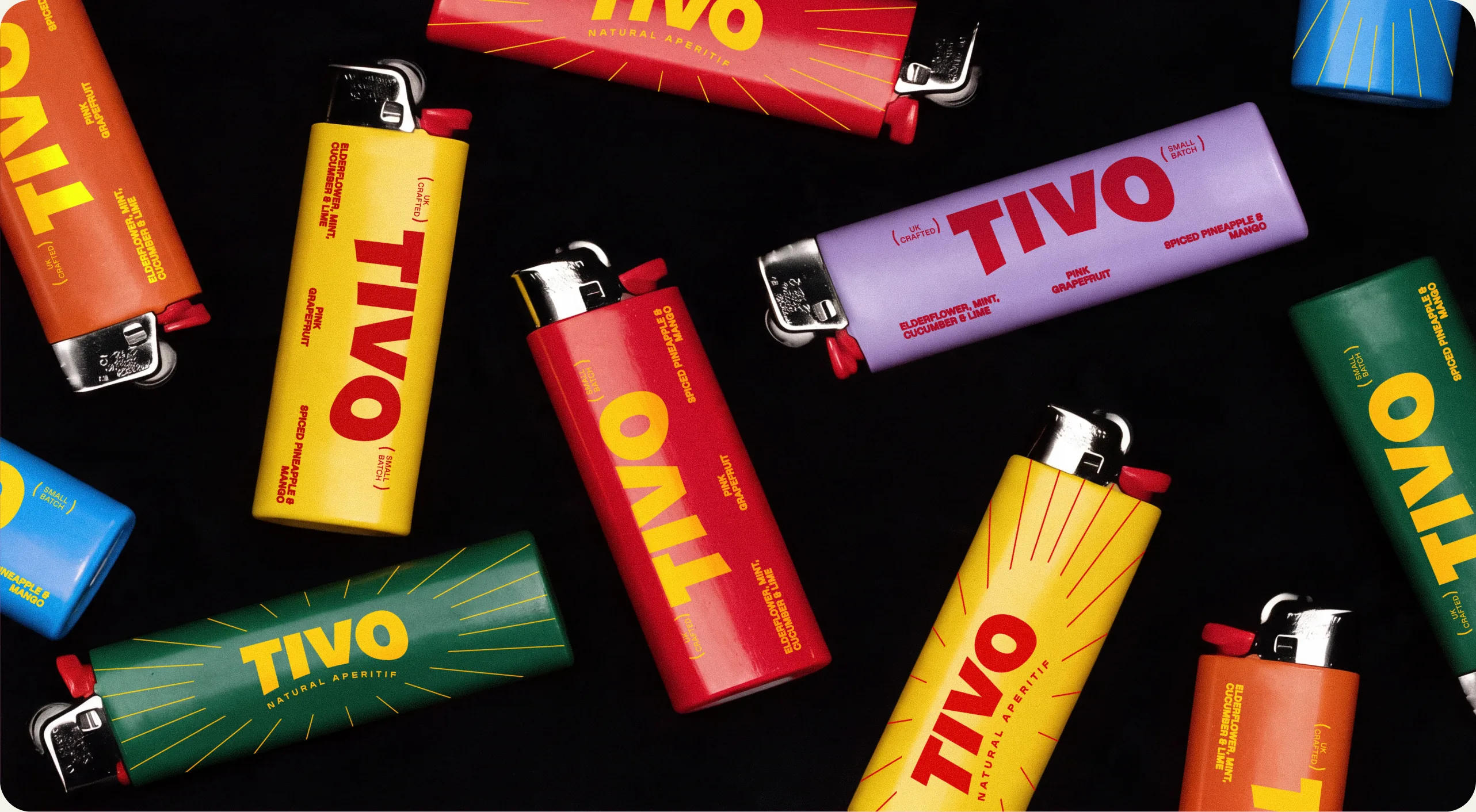 Tivo: disposable lighters scattered across black in the brand palette of yellow, red, green, orange, blue and lilac, each printed with the wordmark and a flavour name