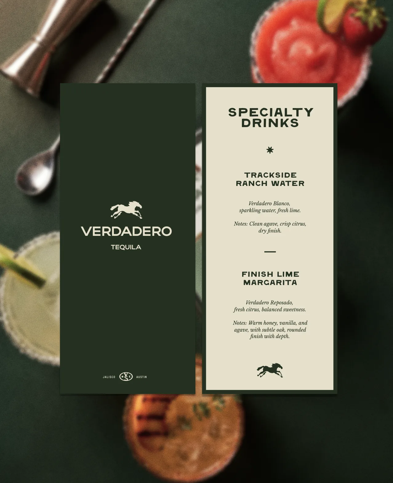 Verdadero — a 'Specialty Drinks' bar menu (Trackside Ranch Water, Finish Lime Margarita) beside a cocktail