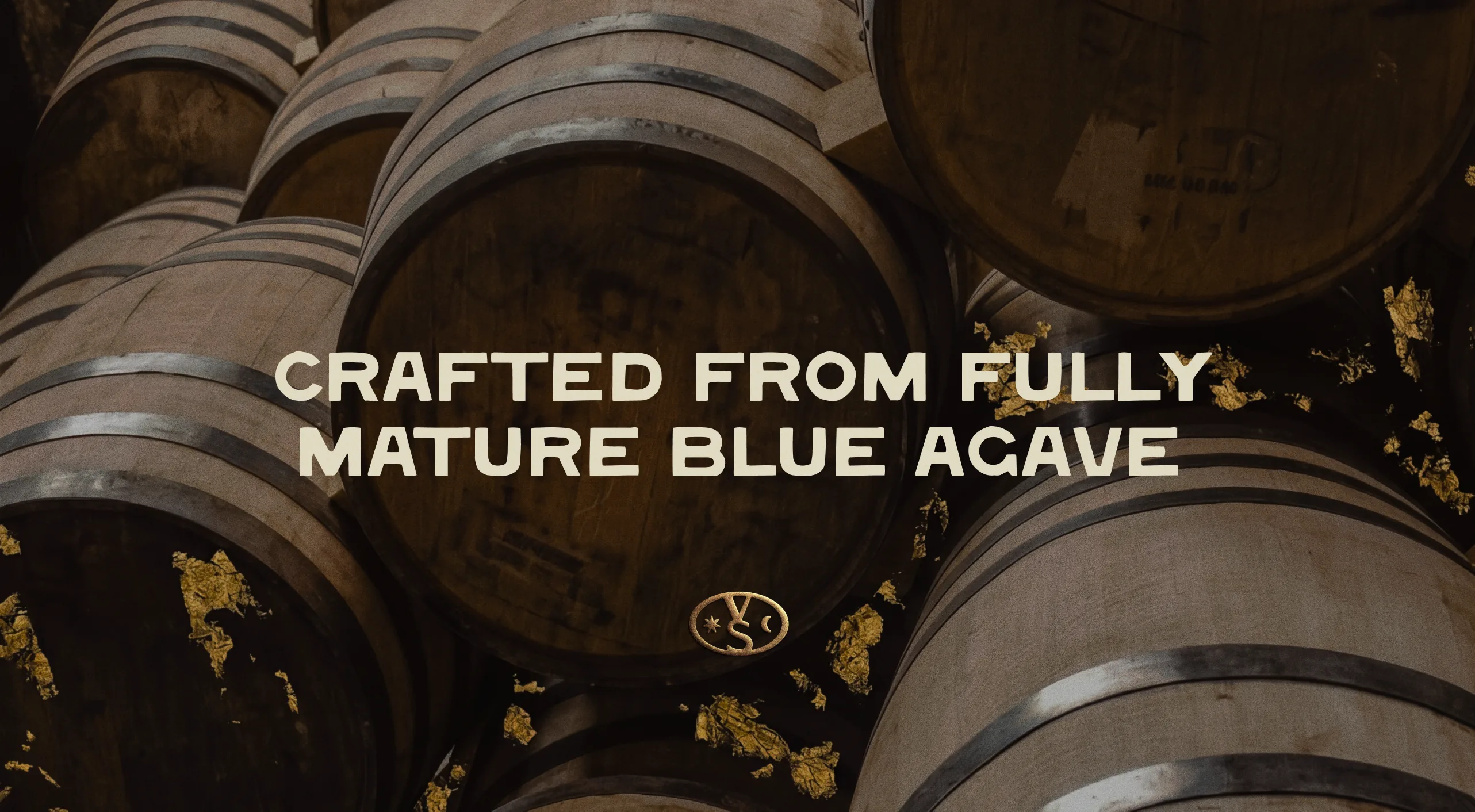 Verdadero — oak aging barrels, captioned 'Crafted from fully mature blue agave'