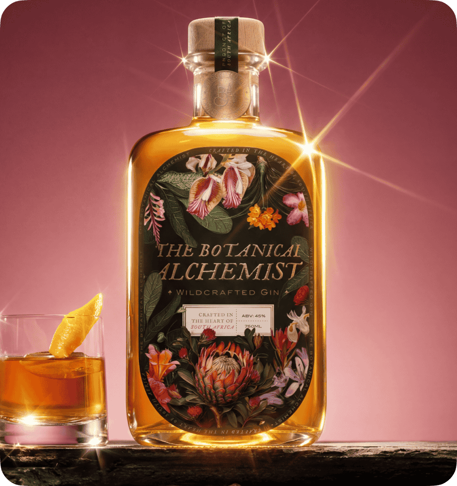 The Botanical Alchemist bottle with cocktail, packaging designed by CreativeWise