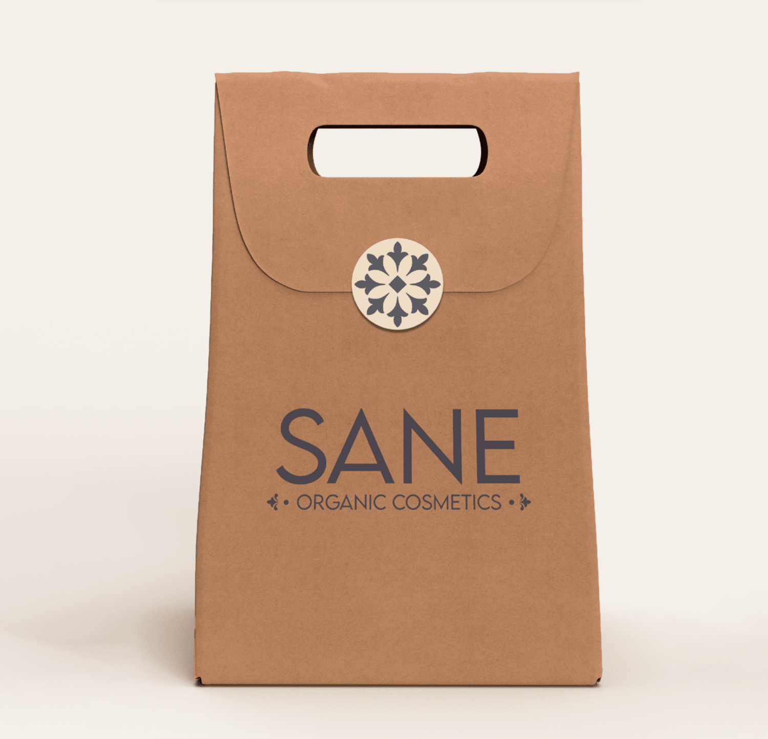 brown paper bag of cosmetics. With brand name printed