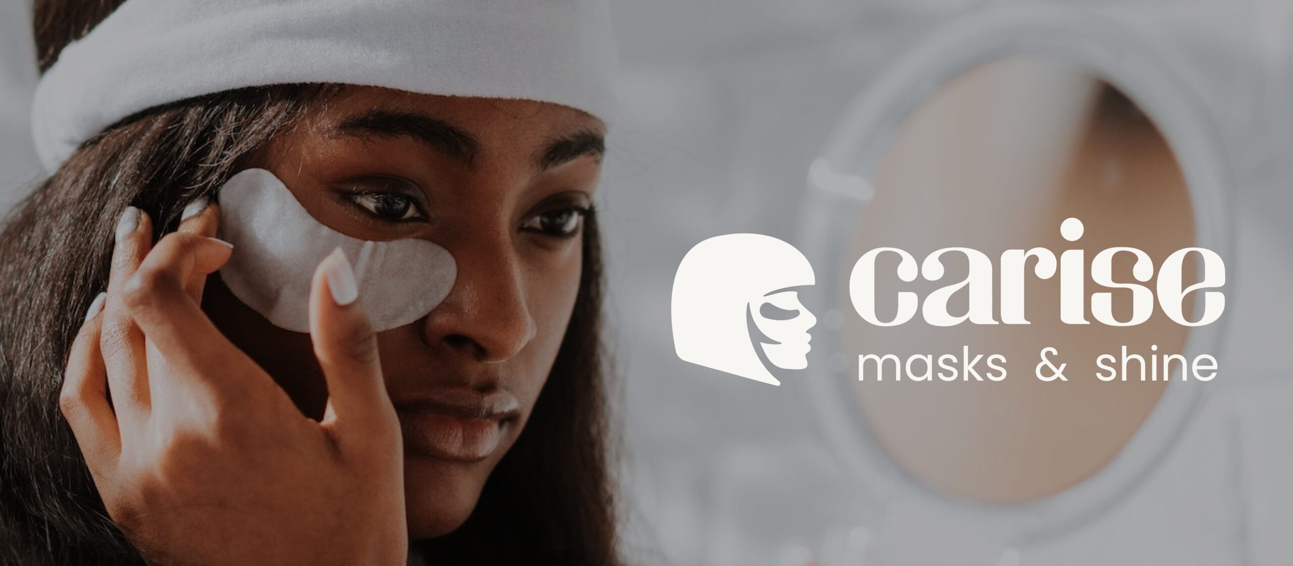 Advertisement of girl using skin care under eye pads and brand name and logo lettering