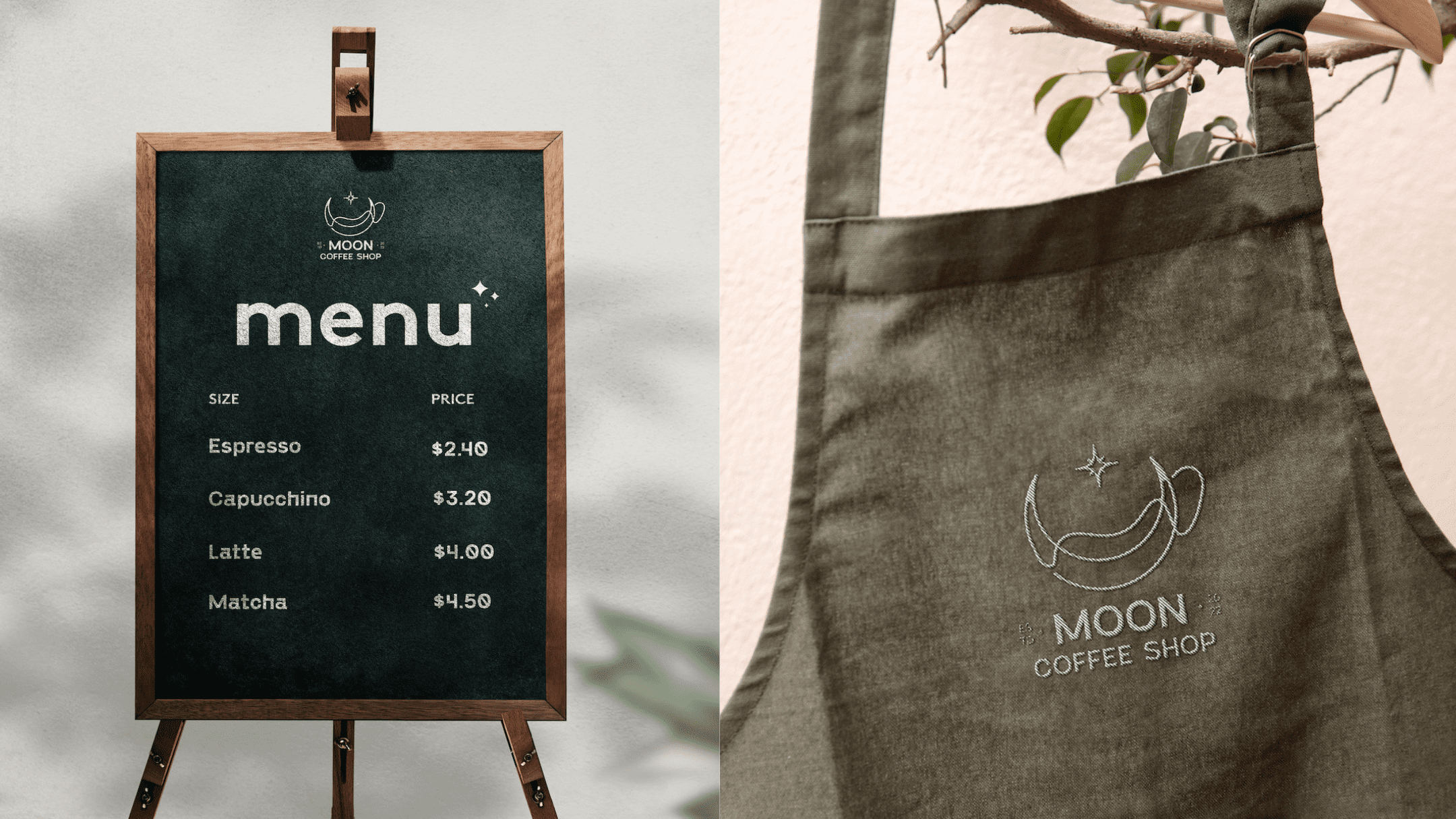 coffee shop chalkboard menu and apron with brand name and logo